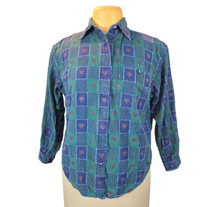 Vintage‎ 1991 Krazy Kat Women's M Plaid Heart Button Up Shirt Green Blue Cotton